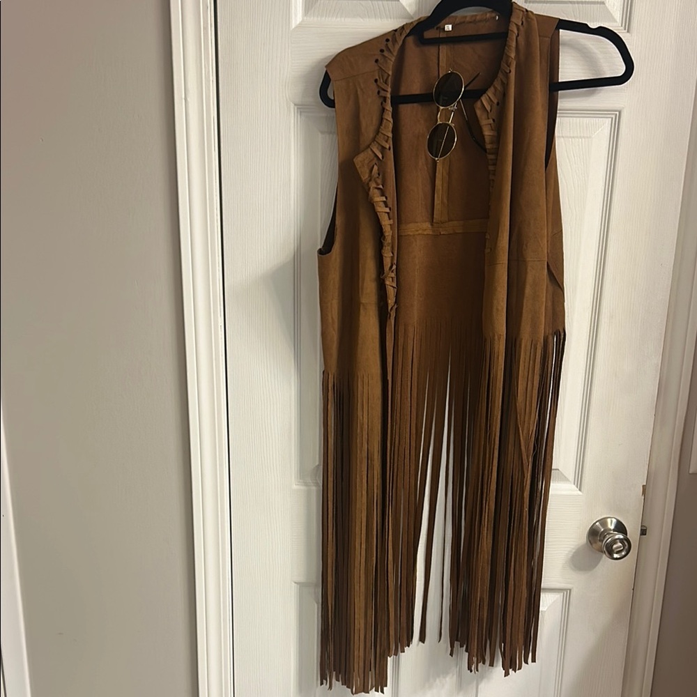 70’s Brown Fringe Sleeveless Vest, glasses, and headband